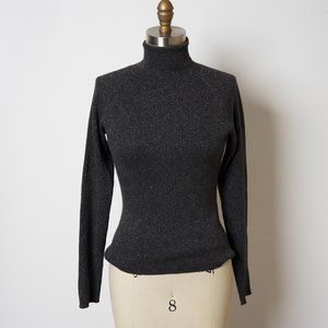 Dark Grey Metallic Sparkly Glitter Ribbed Turtleneck Cotton Knit Sweater